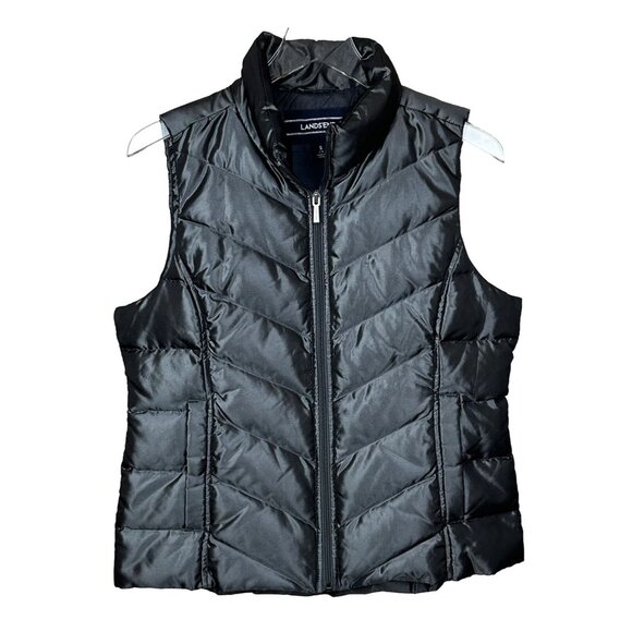 Lands End Womens Down Puffer Vest Metallic‎ Pewter Full Zip Outdoor Pockets S - Picture 1 of 12